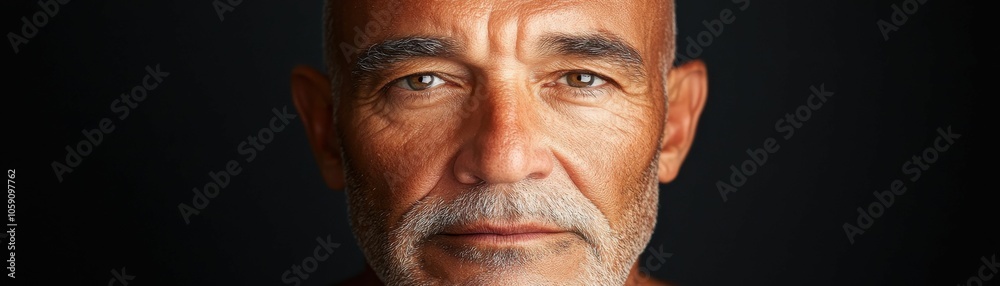 Obraz premium A man with a beard and gray hair is looking at the camera. The concept of hope, man and darkness.