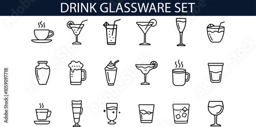 Drink Glassware Set Icons Outline Illustration