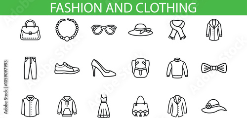Fashion and Clothing Icons Set Line Art Style