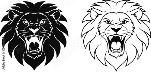 Roaring Lion Head Illustration in Black and White