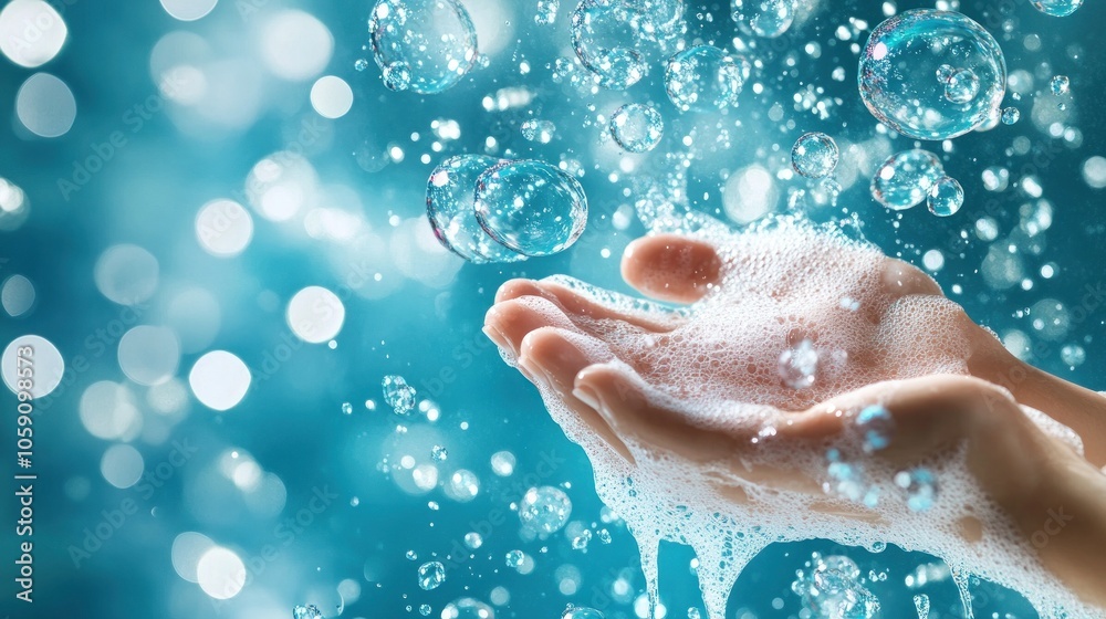 Fototapeta premium Soapy hands amidst sparkling bubbles and foam