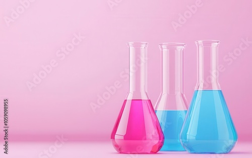 Chemistry set with various beakers, vibrant liquids, 3D illustration