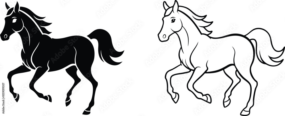 Black and White Horse Running Silhouette Illustration
