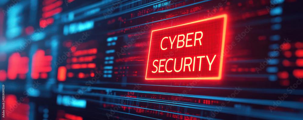 Digital screen flashing with security breach warning, neon lights, 3D illustration Digital screen flashing with security breach warning, neon lights, 3D illustration