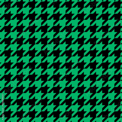 Houndstooth seamless pattern. Classical black and green fabric background. Tweed pepita plaid texture. Traditional winter fashion print design. Simple abstract Christmas background.