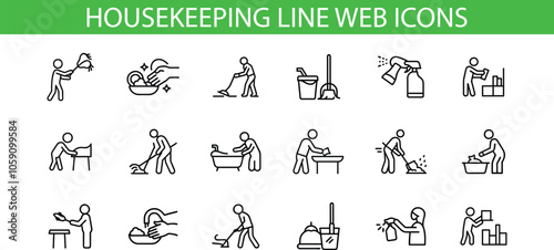 Housekeeping Line Web Icons Set for Cleaning