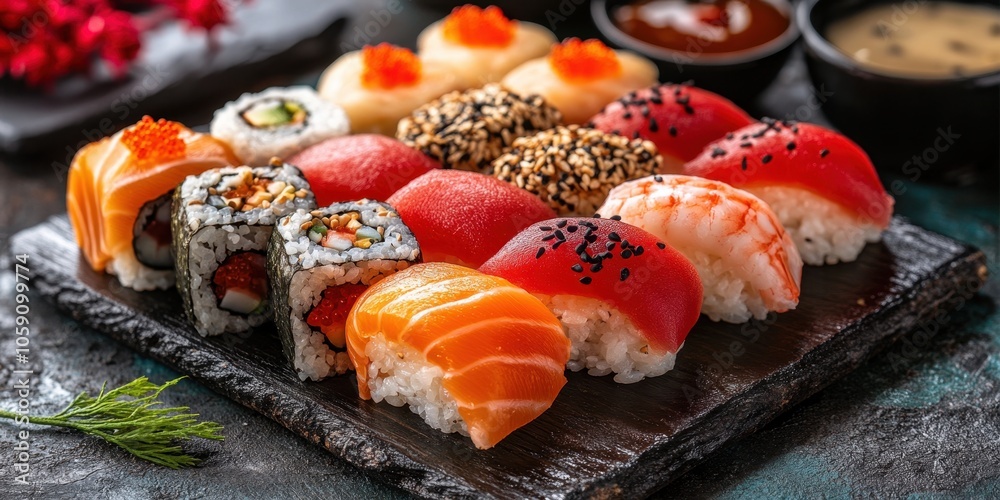 a plate of sui with salmon and sui a plate of sui with salmon and sui