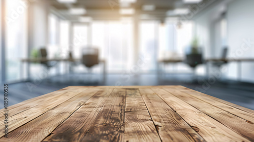 Wood Table Top with Blurred Bokeh Office Interior Space Background  Ideal for Display or Montage of Products