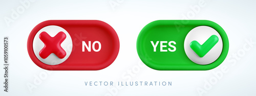 Vector cartoon 3d yes and no switch button set. Cute realistic 3d toggle switch sliders with green yes checkmark and red cross icon. Setting toggle design element for mobile app interface, web.