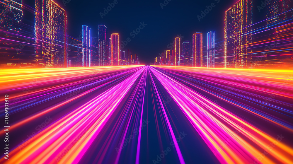 Neon speed trails in a futuristic cityscape at night Neon speed trails in a futuristic cityscape at night