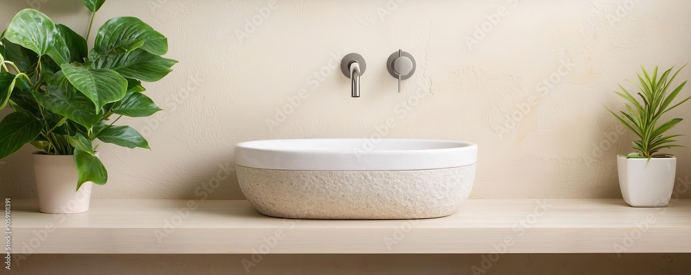 Minimalist bathroom with bamboo accents, stone sink, beige palette, natural lighting, green plants, organic textures, eco-friendly, serene atmosphere Minimalist bathroom with bamboo accents, stone sink, beige palette, natural lighting, green plants, organic textures, eco-friendly, serene atmosphere