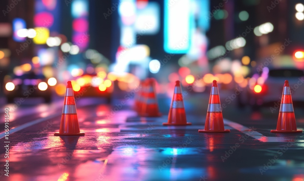 Traffic cones on wet street with city lights. Traffic cones on wet street with city lights.