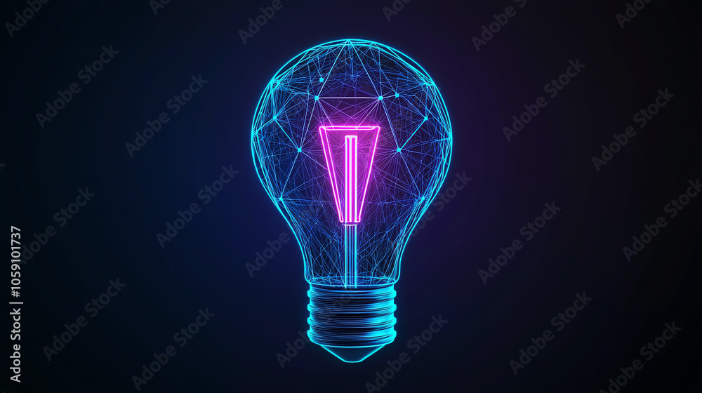 A futuristic lightbulb constructed from a network of interconnected digital lines, radiating blue and purple hues on a dark background, portraying new ideas and technological advance A futuristic lightbulb constructed from a network of interconnected digital lines, radiating blue and purple hues on a dark background, portraying new ideas and technological advance
