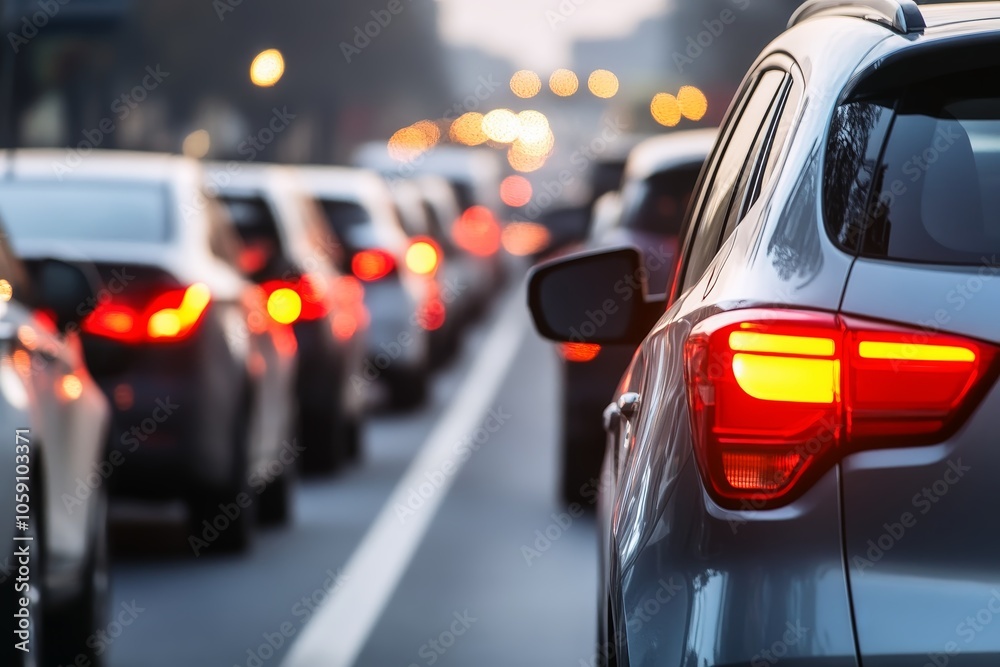 Endless line of cars stuck in a traffic jam during rush hour with brake lights glowing. Endless line of cars stuck in a traffic jam during rush hour with brake lights glowing.