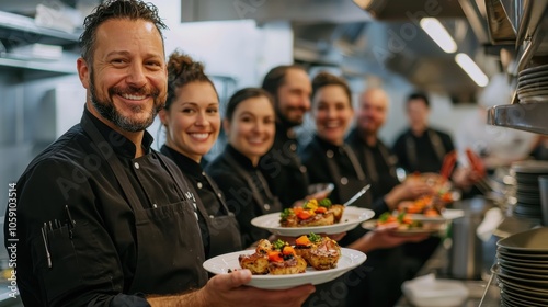 Ten chefs in a restaurant kitchen celebrating Labour Thanksgiving Day, each holding a dish they created, smiling and sharing a sense of pride in their culinary craft