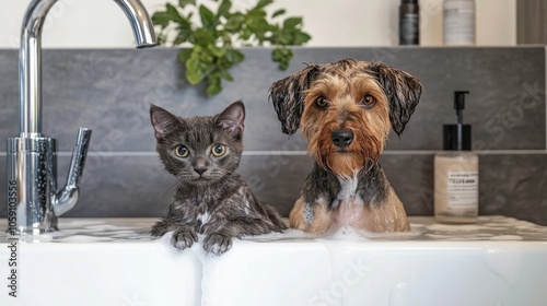 A stylish grooming salon with pet-friendly decor; a cat getting a gentle wash beside a freshly groomed dog. photo