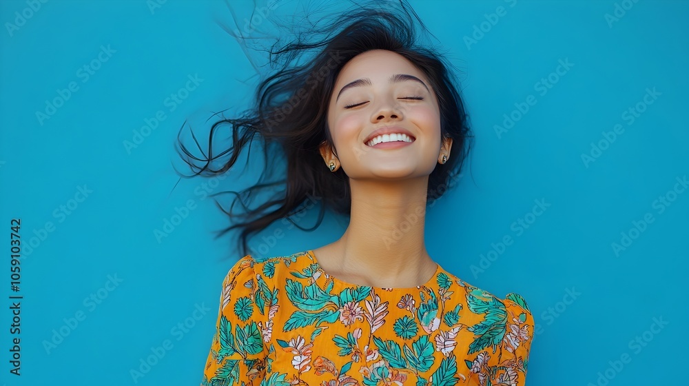 Joyful and Confident Young Malaysian Woman Posing Happily in Bright Batik Printed Dress against Minimalist Blue Studio Backdrop Joyful and Confident Young Malaysian Woman Posing Happily in Bright Batik Printed Dress against Minimalist Blue Studio Backdrop