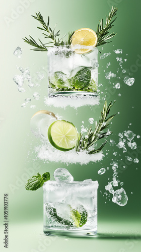Refreshing gin and tonic cocktails with lemon, lime, and rosemary, captured in mid-air splash with ice cubes on a green gradient background