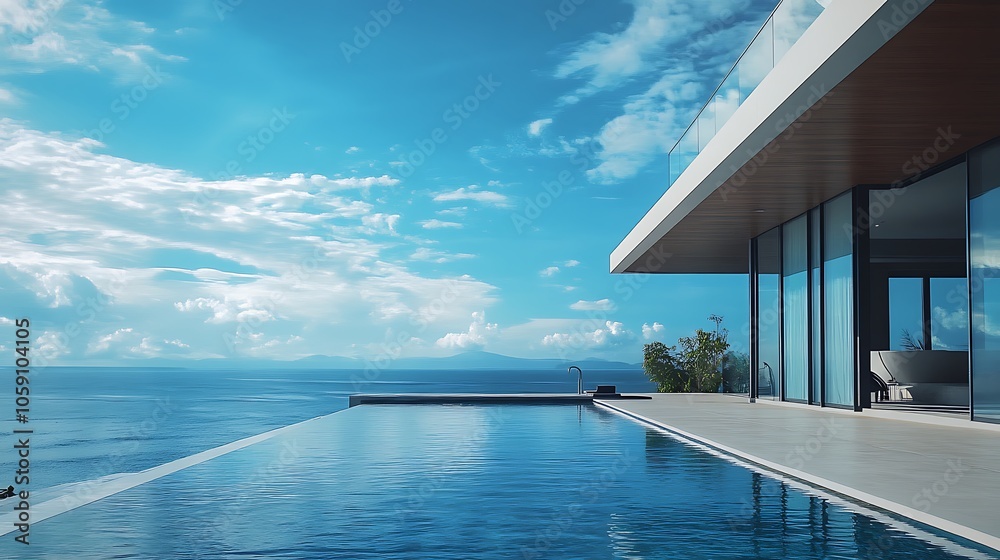 Fototapeta premium A modern villa with an infinity pool overlooking a serene ocean landscape.