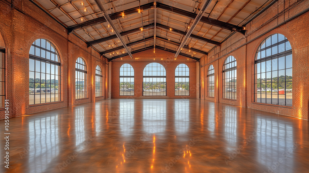 Fototapeta premium Industrial Chic: A sprawling, airy event space boasting exposed brick walls, towering arched windows, and gleaming concrete floors, perfect for a modern, industrial-inspired wedding or event.