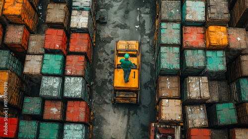 A lone worker maneuvers a forklift through a labyrinth of colorful shipping containers, a testament to the tireless efforts of logistics and global trade.   photo