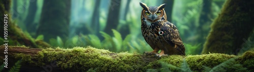 Owl perched on a mossy log in a lush green forest.