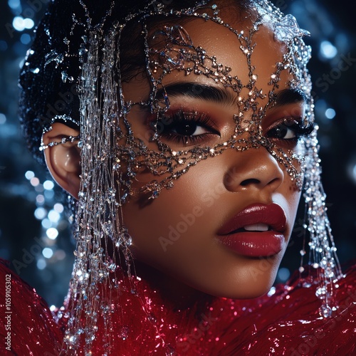 Glamorous close-up of a black woman with silver crystal mask-like adornment on face, dark background