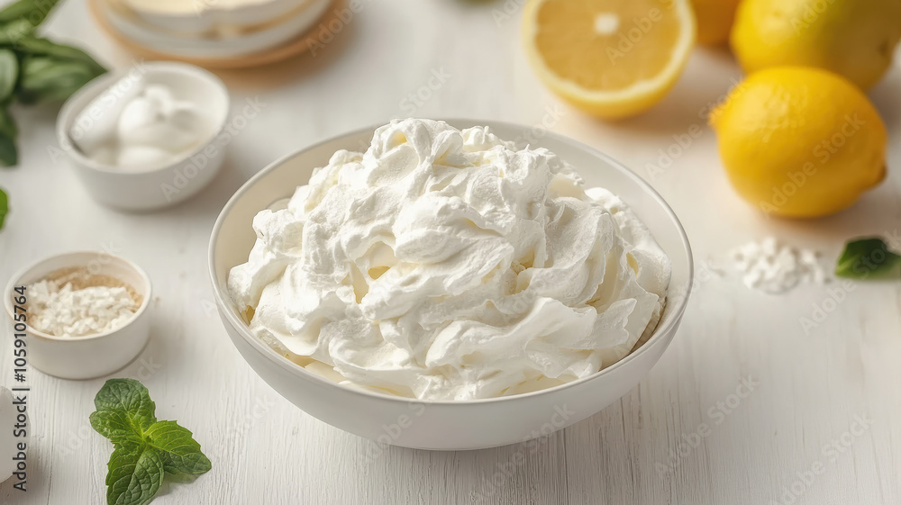 A bowl of whipped cream sits on a table with a lemon and a lemon zester. The table is covered with various ingredients and utensils, including a whisk and a bowl of sugar A bowl of whipped cream sits on a table with a lemon and a lemon zester. The table is covered with various ingredients and utensils, including a whisk and a bowl of sugar