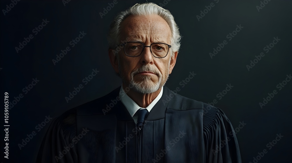 A full body shot of a respected judge dressed in formal judicial robes frowning sternly and projecting an air of authority and seriousness against a plain slate gray background with studio lighting A full body shot of a respected judge dressed in formal judicial robes frowning sternly and projecting an air of authority and seriousness against a plain slate gray background with studio lighting