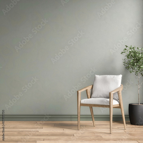 3d rendering of a mock-up with a bright wall, a chair and a plant in Scandinavian style - placeholder - interior.