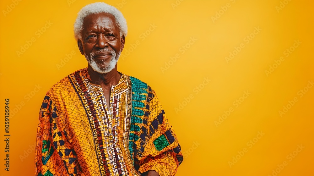 Obraz premium Portrait of a proud elderly African man wearing a traditional vibrant dashiki and trousers standing confidently against a plain marigold colored background with studio lighting
