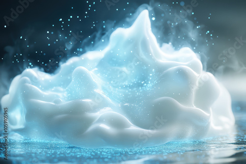 A large white foam with blue and white swirls on top of a blue surface. The foam is surrounded by a blue and white background, creating a visually striking and dynamic scene