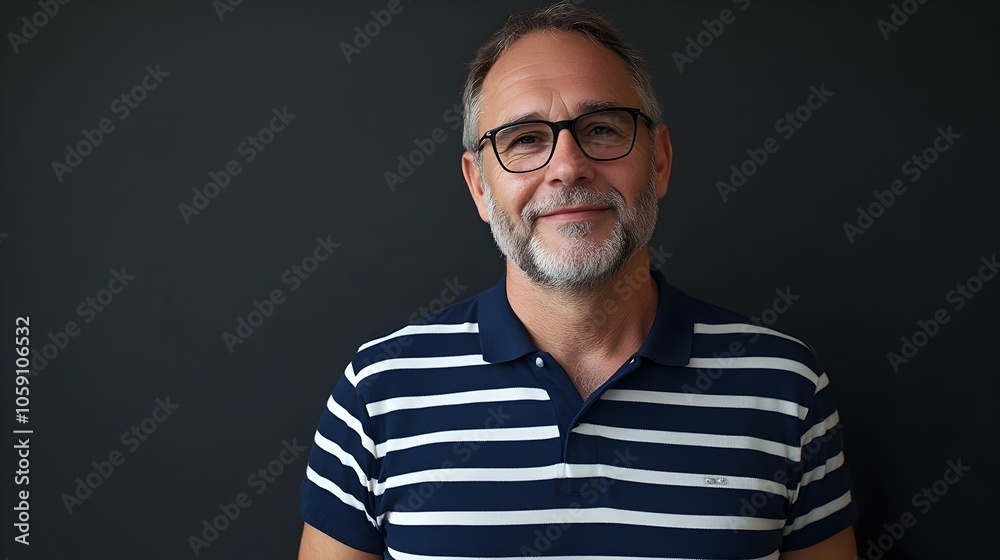 Joyful and Friendly Middle Aged German Man Wearing a Modern Navy and White Striped Polo Shirt Posing Against a Plain Charcoal Gray Background in a Photography Studio with Lighting Setup Joyful and Friendly Middle Aged German Man Wearing a Modern Navy and White Striped Polo Shirt Posing Against a Plain Charcoal Gray Background in a Photography Studio with Lighting Setup