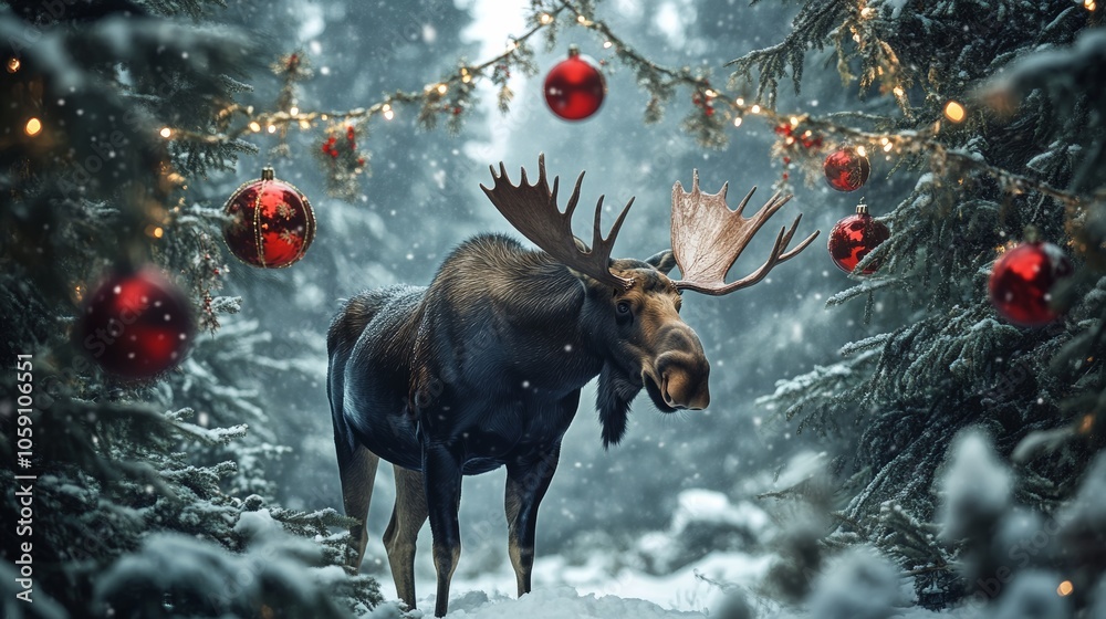 Obraz premium A moose in a snowy forest setting with Christmas decorations hanging from the branches around it.