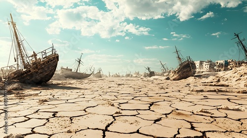 A Haunting Landscape of Dried Oceans and Stranded Ship Remains in a Desolate Desert Wasteland photo