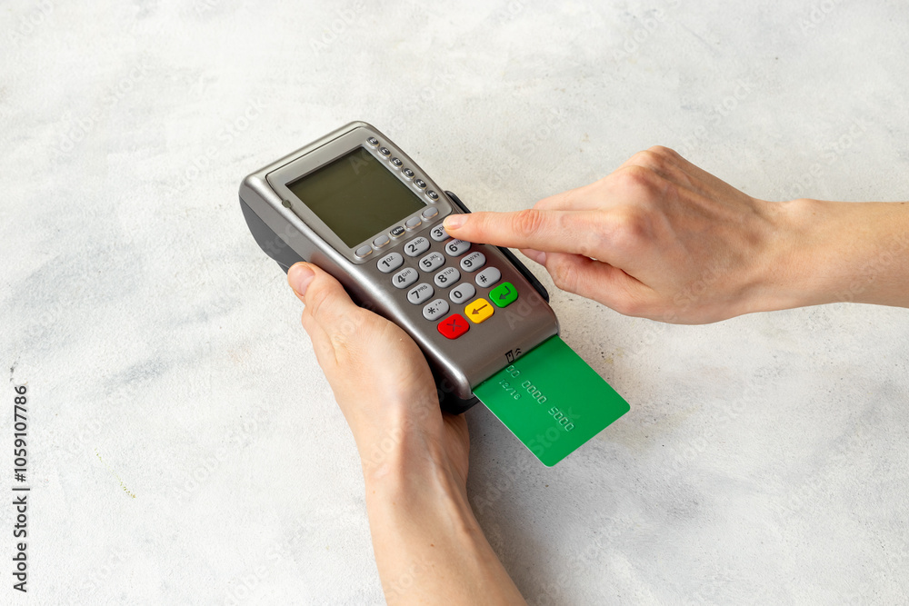 custom made wallpaper toronto digitalFemale holding in hands bank terminal for contactless payment by credit cards. Banking and shopping concept