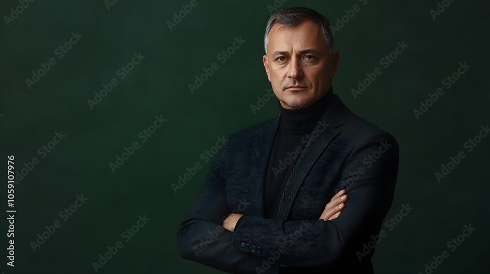 Thoughtful and Serious Middle Aged Male Subject Dressed in a Classic Black Turtleneck and Blazer Posing Against a Plain Forest Green Studio Background Thoughtful and Serious Middle Aged Male Subject Dressed in a Classic Black Turtleneck and Blazer Posing Against a Plain Forest Green Studio Background