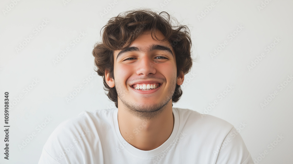 Portrait of a person with a big, genuine smile, framed by a clean, white background for a modern look Portrait of a person with a big, genuine smile, framed by a clean, white background for a modern look