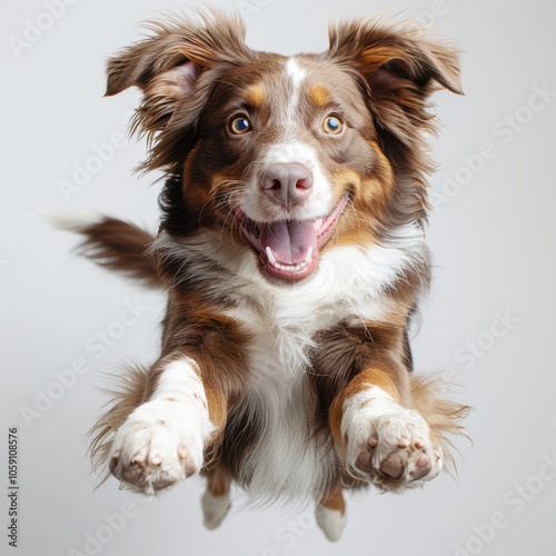 cheerful funny dog ​​is jumping and smiling on a light background	
