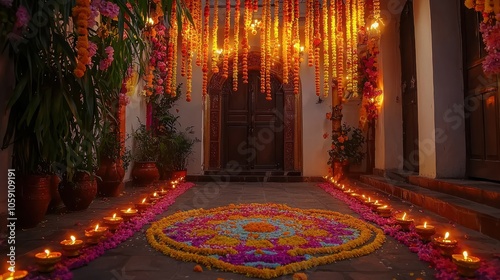 Beautifully decorated entrance with a colorful rangoli, rows of diyas leading the way, and strings of marigold flowers hanging overhead for Diwali celebrations