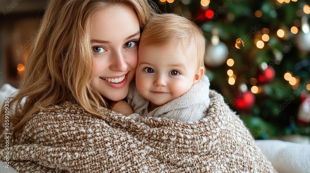 Happy Mother and Baby Embrace in Cozy Christmas Setting