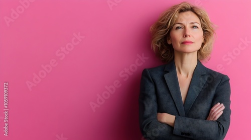 Pensive and Thoughtful Middle Aged Woman Dressed in a Smart Business Blazer and Slacks Posing Against a Plain Magenta Studio Background with Minimal Lighting Setup