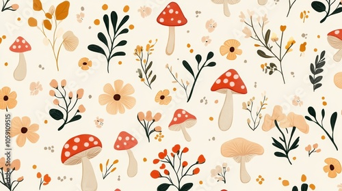 Wallpaper Mural Charming Cartoon Mushroom and Flower Pattern Template Torontodigital.ca