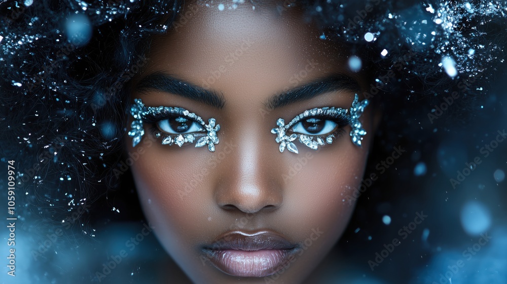 Close-up of a young Black woman with intricate gemstone makeup in a snowy, icy setting Close-up of a young Black woman with intricate gemstone makeup in a snowy, icy setting
