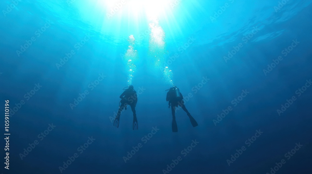 Divers Exploring Underwater Depths in Blue Ocean Divers Exploring Underwater Depths in Blue Ocean