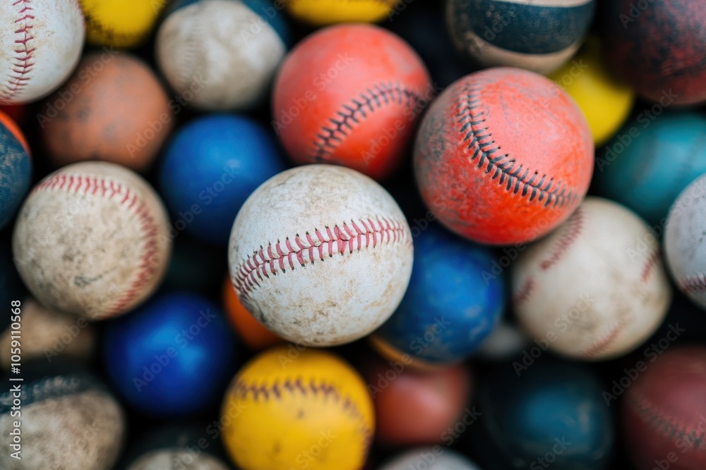 A pile of baseballs with different colors and sizes A pile of baseballs with different colors and sizes