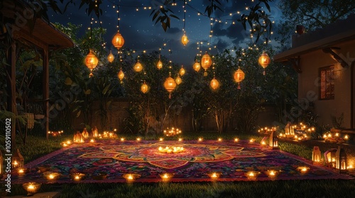 Outdoor Diwali setup with a large rangoli surrounded by lit diyas, hanging lanterns, and twinkling fairy lights, creating a vibrant and colorful festival scene under a starry night sky photo