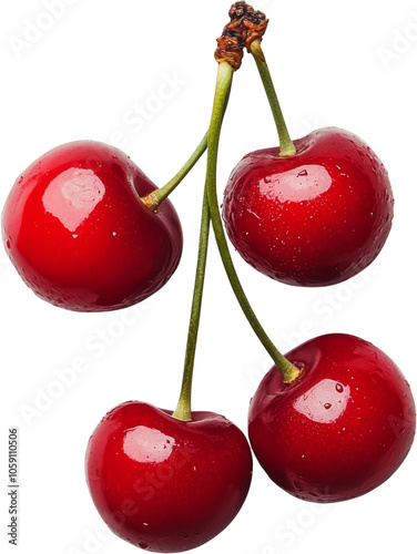 Fresh red cherries with stems, isolated on transparent background. Healthy food and organic fruit concept
