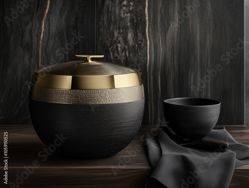 Luxurious black and gold ceramic bowl with textured design, exemplifying refined elegance and sophistication in tableware