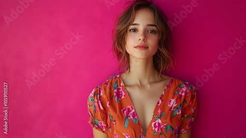 A striking full body portrait of a young and confident Spanish woman in a stylish jumpsuit captured against a vibrant fuchsia studio background